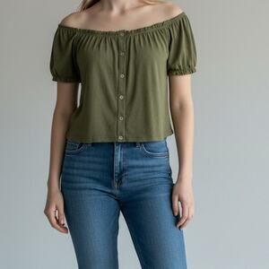 American Eagle Green Off The Shoulder Puff Sleeve Cotton Top Women's Size S NWT